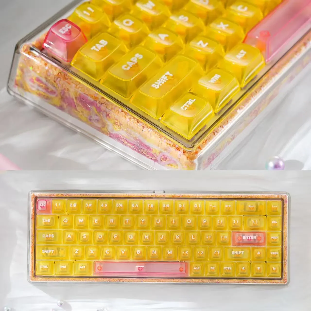 An exquisite Autumn Artisan Mechanical Keyboard, displaying its unique yarn-filled hollow-out design, rich autumn colors, and intricate