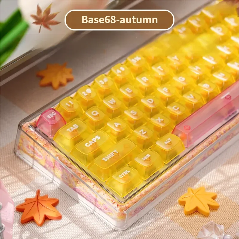 Autumn Artisan Mechanical Keyboard with unique yarn-filled hollow-out design. Rich autumn tones, intricate patterns, and a cozy.