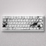 Iconic Asuka line-art PBT keycap set for keyboards, showcasing striking black & white minimalist Evangelion art with a defiant spirit aesthetic.