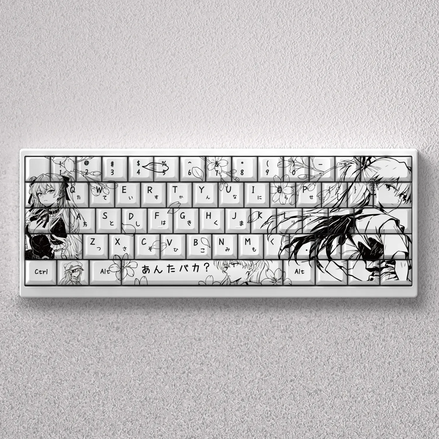 Iconic Asuka line-art PBT keycap set for keyboards, showcasing striking black & white minimalist Evangelion art with a defiant spirit aesthetic.