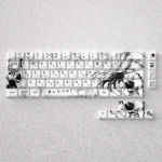 Artistic display of Asuka Langley Soryu Defiant Spirit PBT keycaps set, showcasing iconic black & white line-art. Elevate your keyboard with these artistic setup.