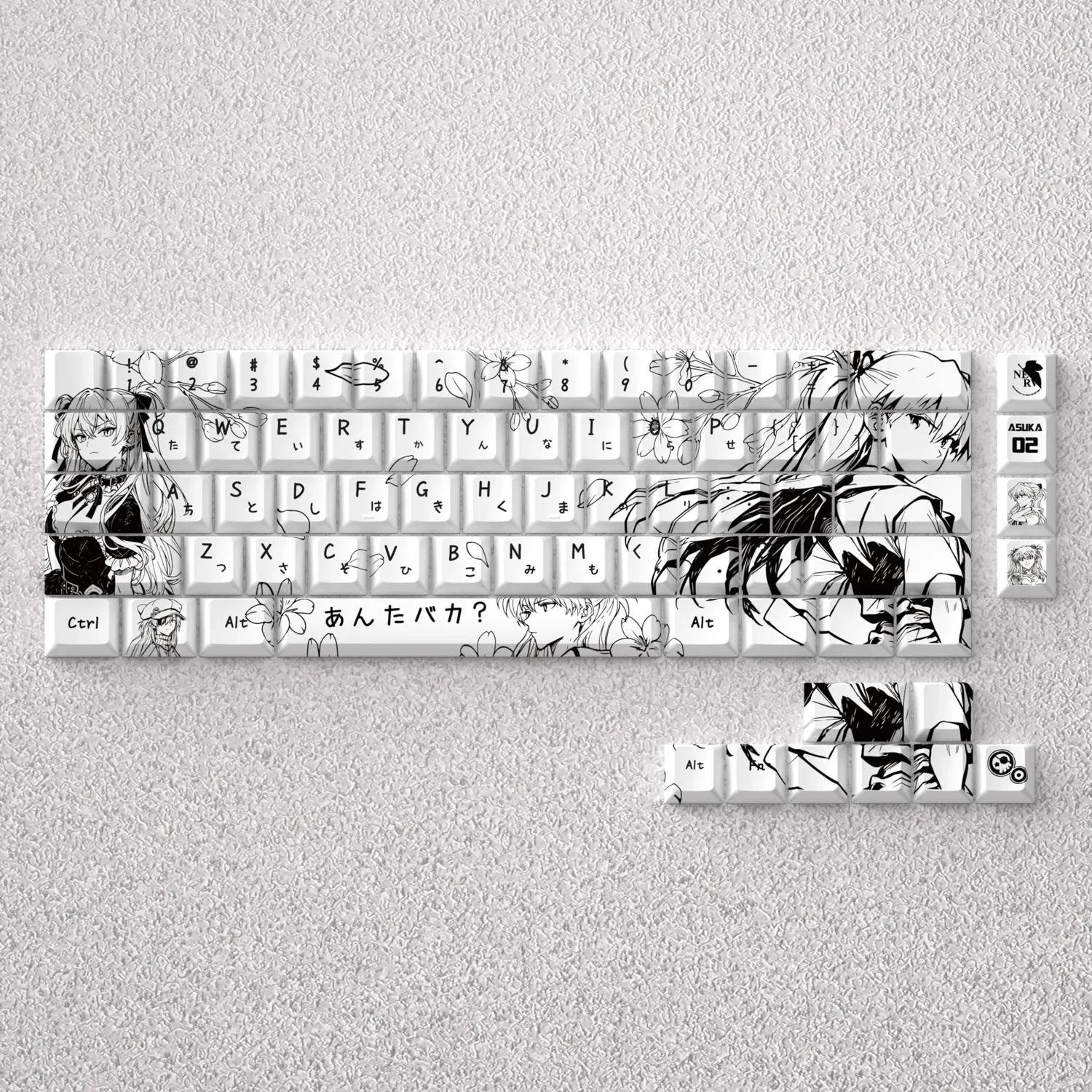 Artistic display of Asuka Langley Soryu Defiant Spirit PBT keycaps set, showcasing iconic black & white line-art. Elevate your keyboard with these artistic setup.