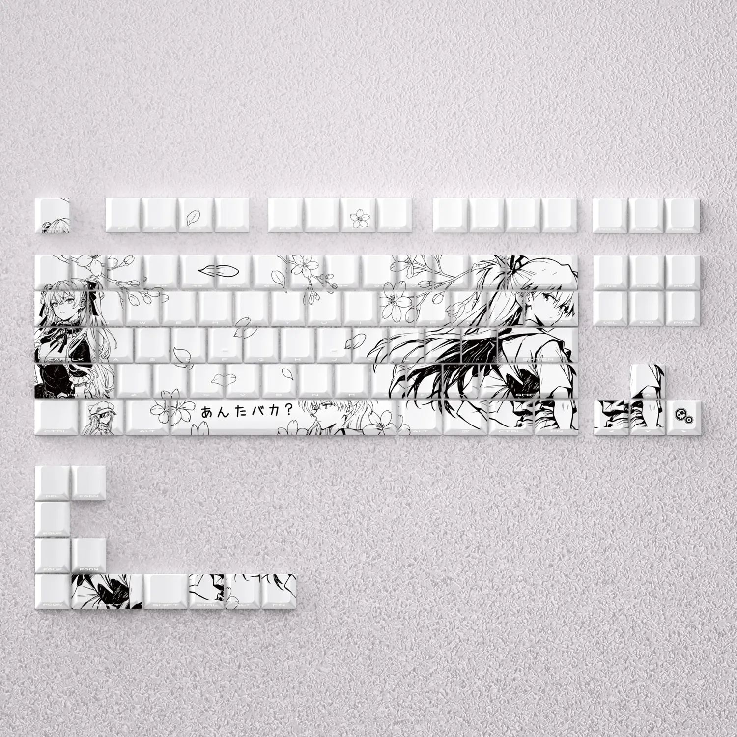 Full view of the artistic Asuka Langley Soryu Defiant Spirit line art PBT keycap set, showcasing iconic black and white Evangelion design.