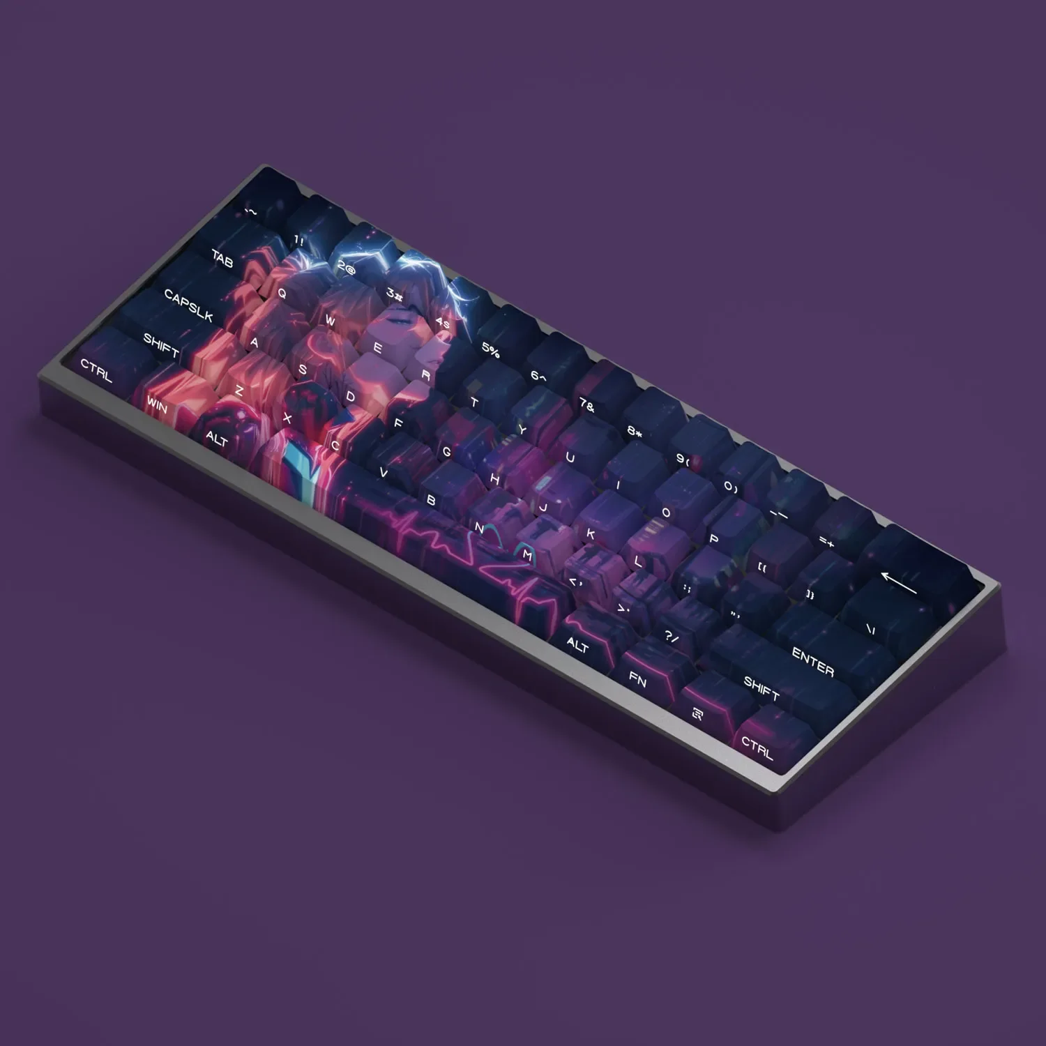 Multiple premium Asuka Evangelion keycaps setshowcasing vibrant red side-printed legends and backlight compatibility from various angles.