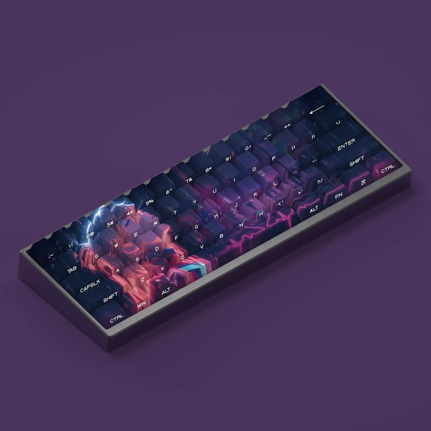 A stunning gallery of Asuka Evangelion keycaps set, revealing vibrant Unit-02 designs, side-printed legends, and brilliant backlit illumination.