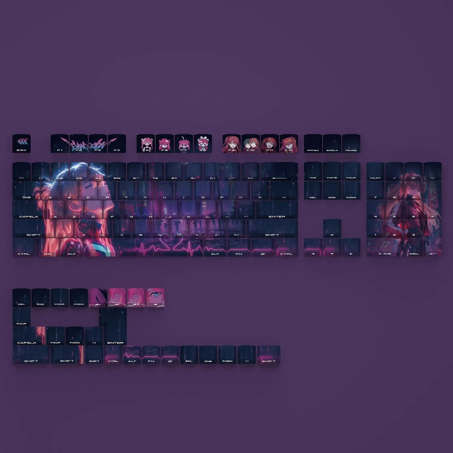 Vibrant Asuka Keycaps set, showcasing iconic Asuka Evangelion Unit-02 themes, backlit and side-printed with bold red accents for a premium anime spirit.