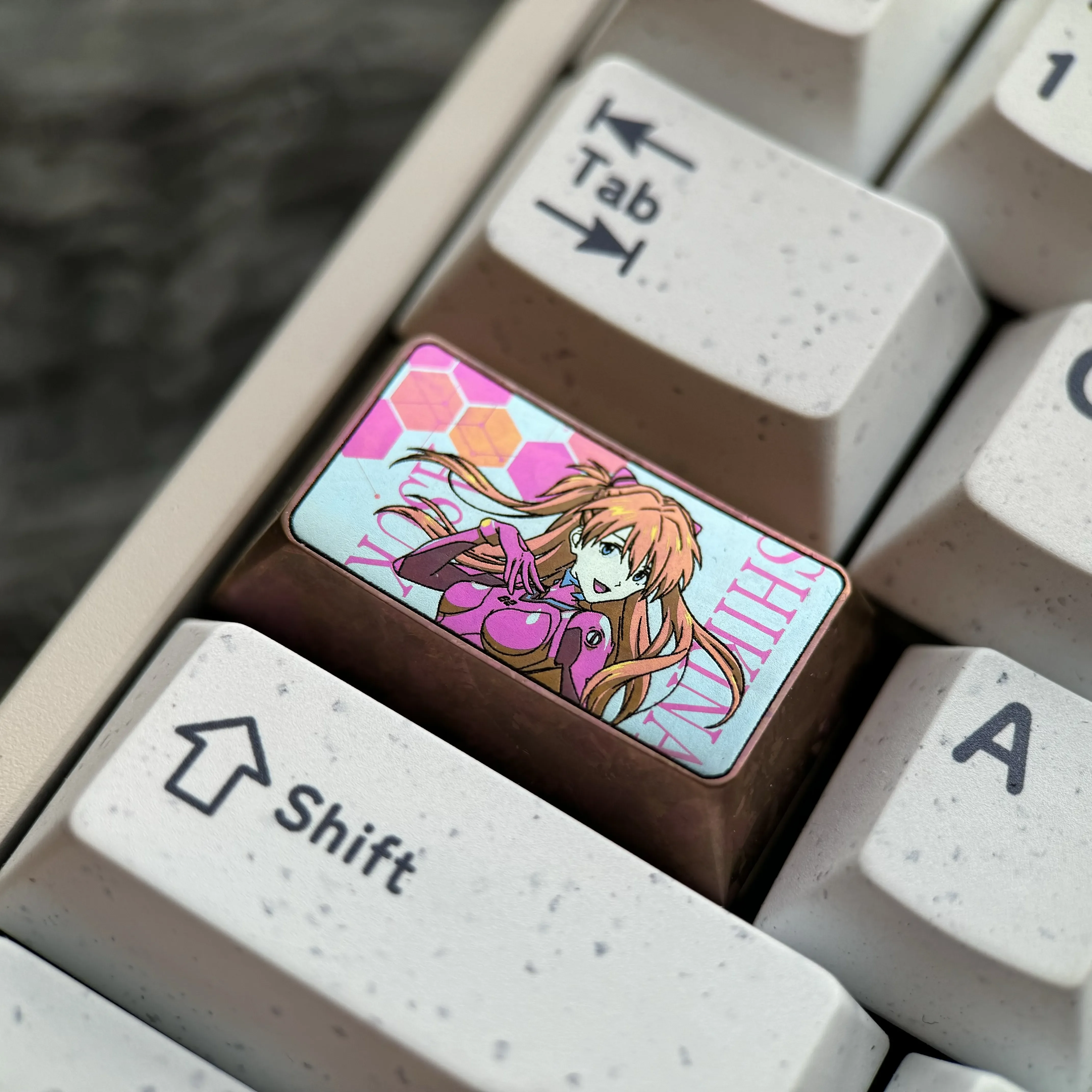 Exclusive Asuka Titanium Keycap for mechanical keyboards, showcasing vibrant anime character art and exquisite ice crystal details.