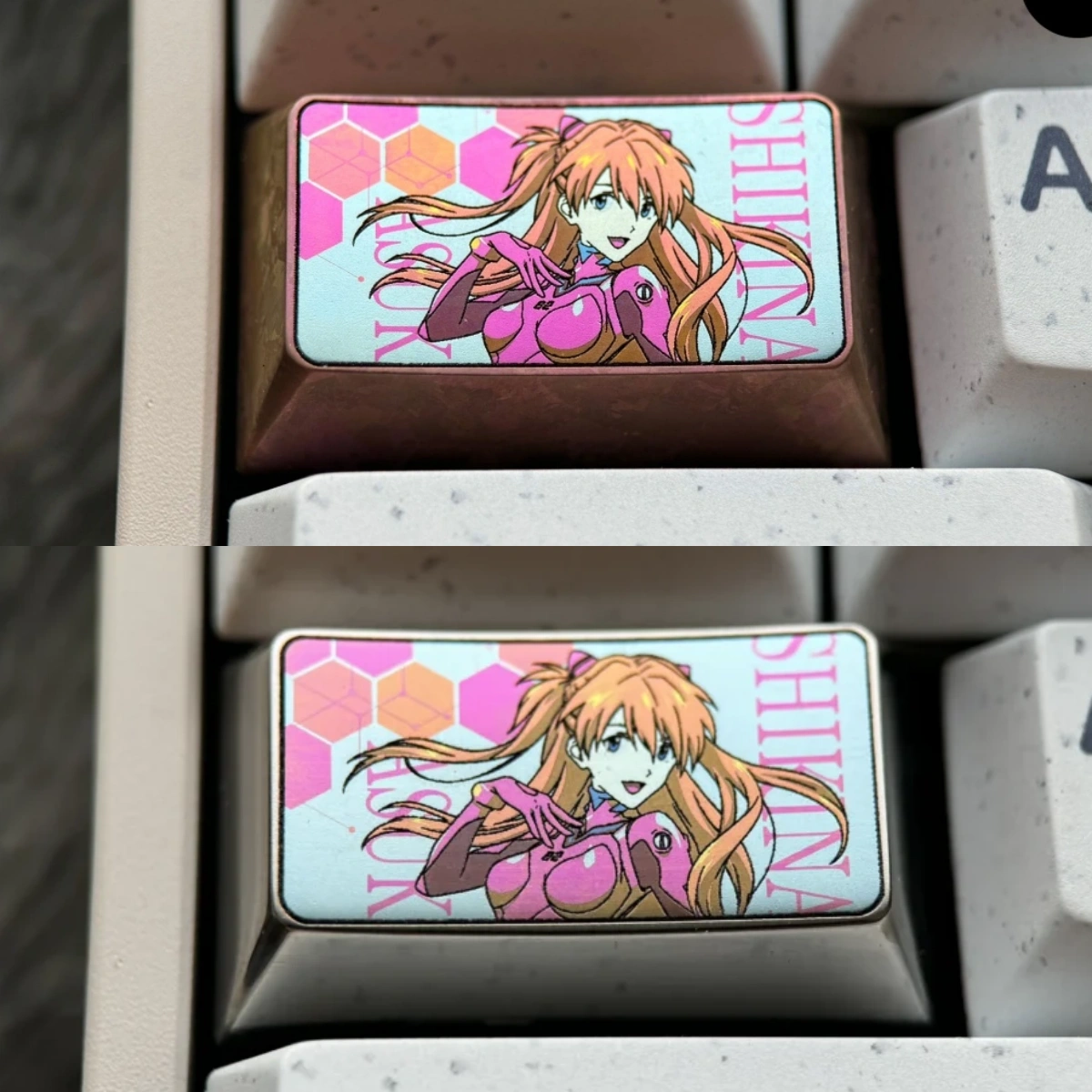 Attractive Asuka Titanium Keycap for mechanical keyboards, showcasing vibrant Evangelion anime with Asuka Langley Soryu art with a ice crystal and side silver finish.