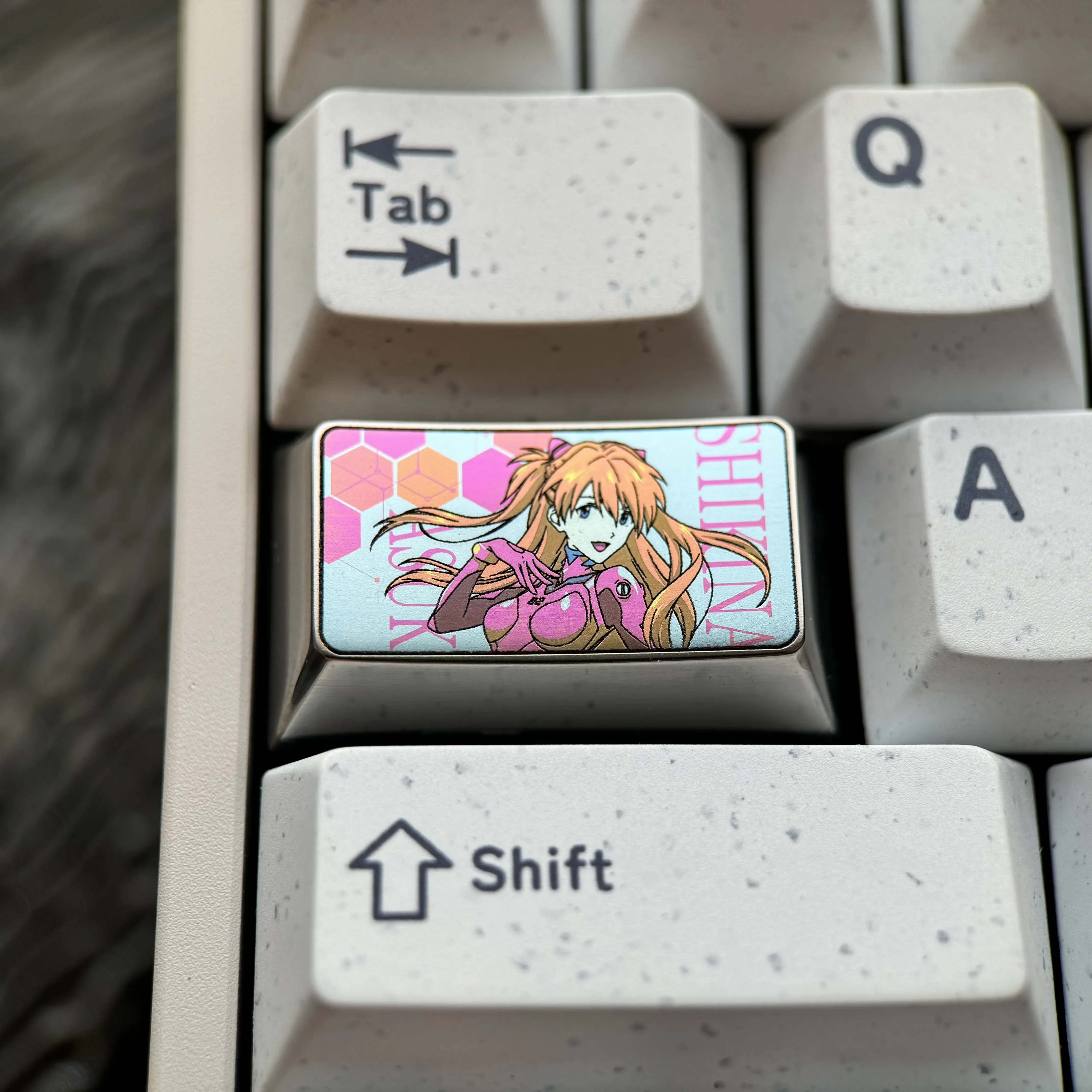 Asuka Titanium Keycap, a premium Evangelion anime artisan. Showcases vibrant titanium and ice crystal aesthetic for mechanical keyboards.