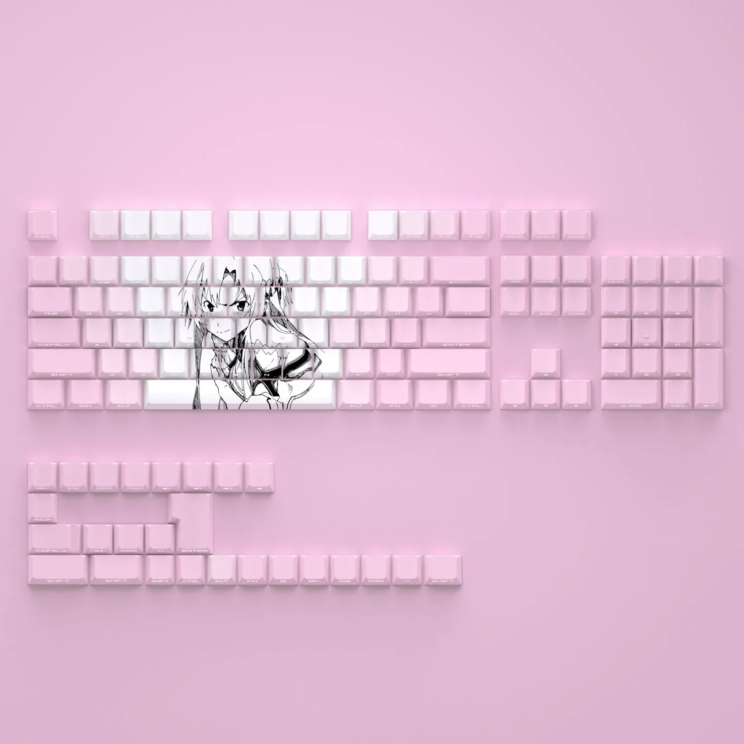 Asuna Keycaps set, beautifully displayed, showcasing its iconic theme, unique side-lit legends, and comfortable Cherry profile for dynamic illumination.