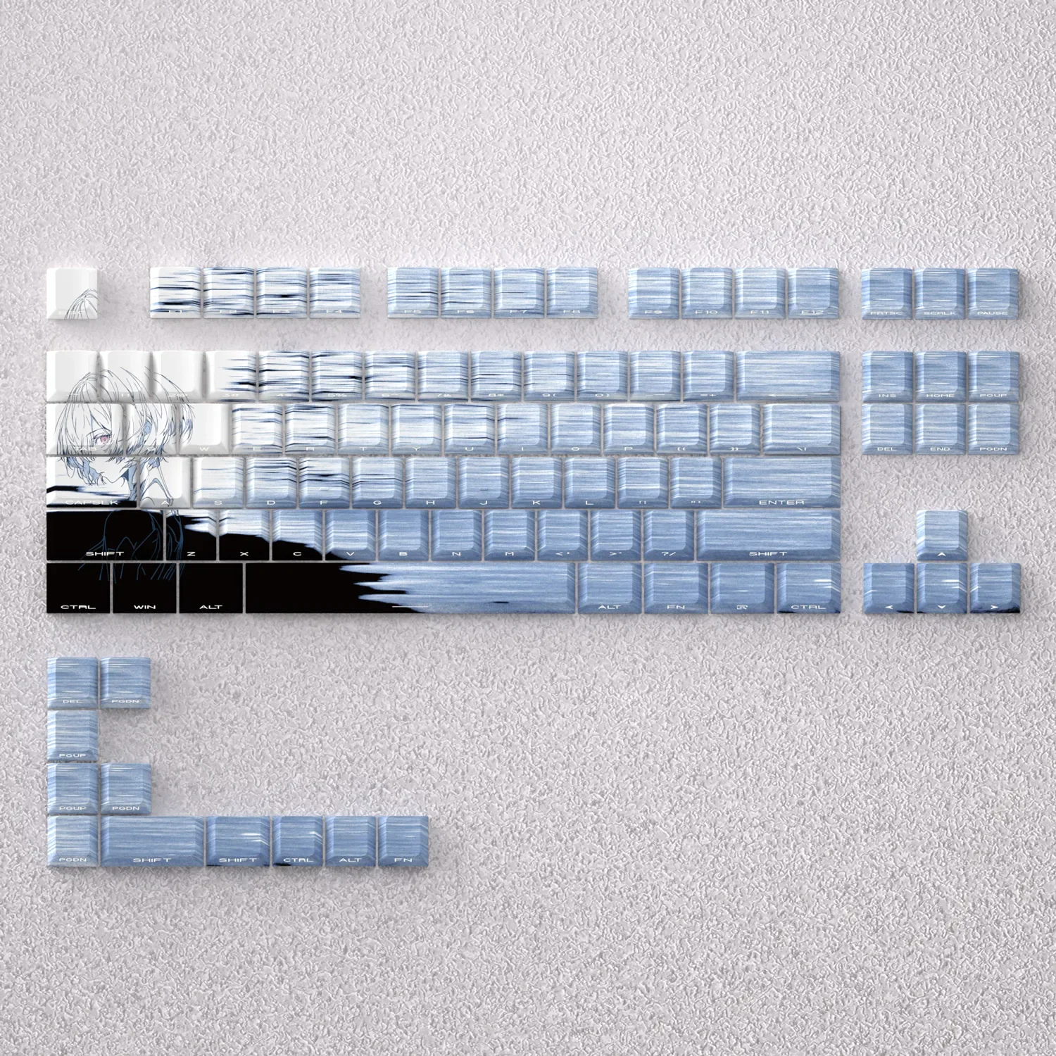 Exclusive Ayanami Rei Side-Engraved Backlit PBT Keycaps Set displayed, highlighting the iconic Evangelion tribute design and premium finish.