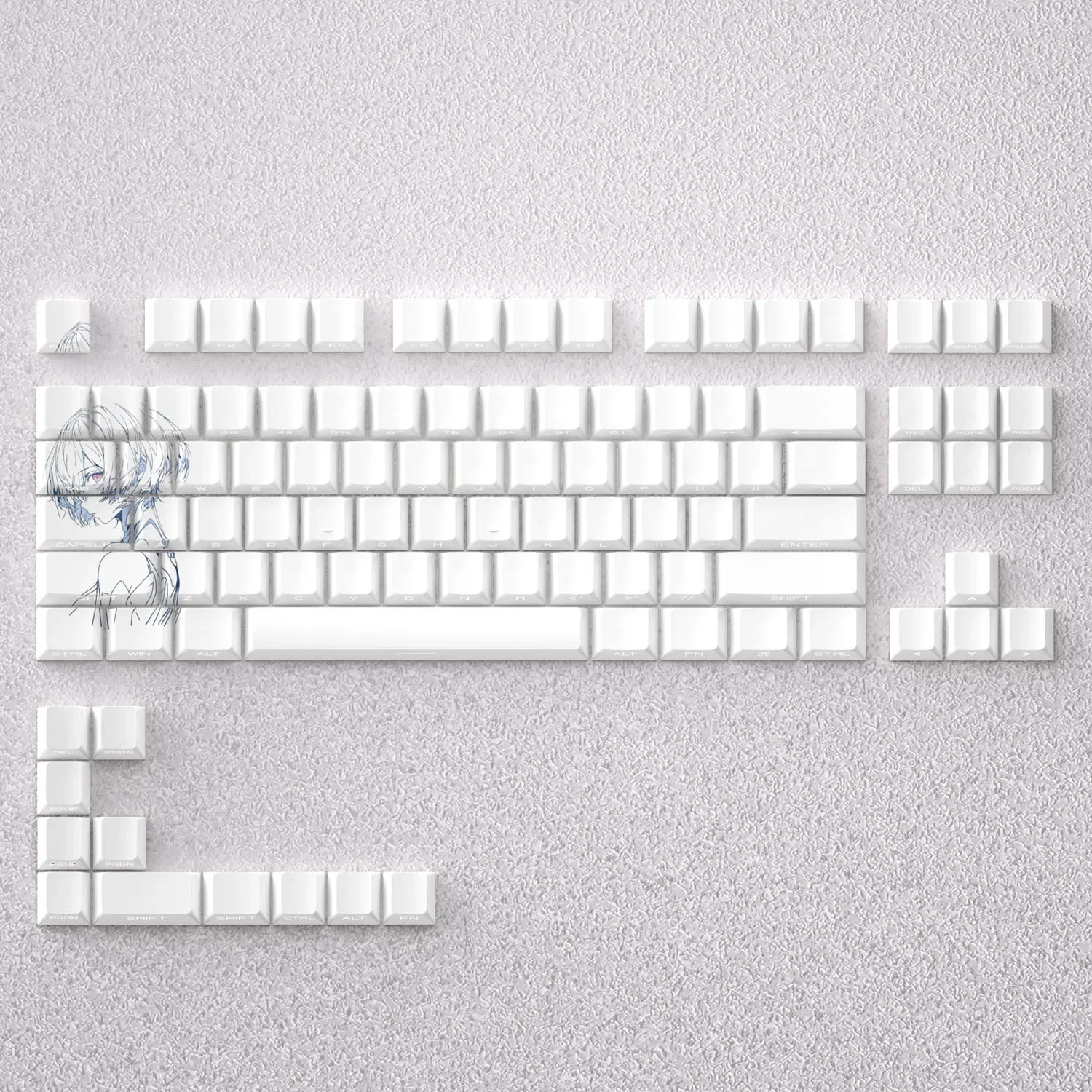 Exclusive Ayanami Rei Side-Engraved Backlit PBT Keycaps Set, capturing iconic Evangelion nostalgia. Premium set with vibrant RGB potential.