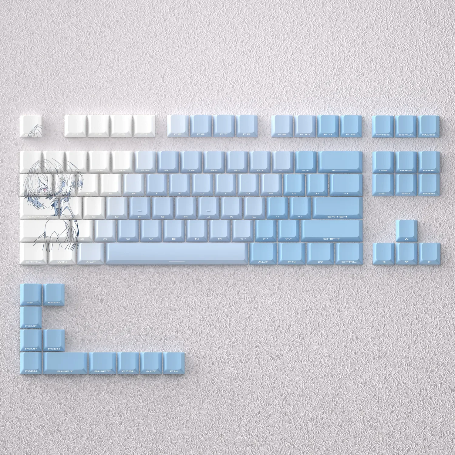 Exclusive Ayanami Rei side-engraved PBT keycaps set glowing with vibrant backlighting, an iconic Evangelion tribute for custom keyboards.