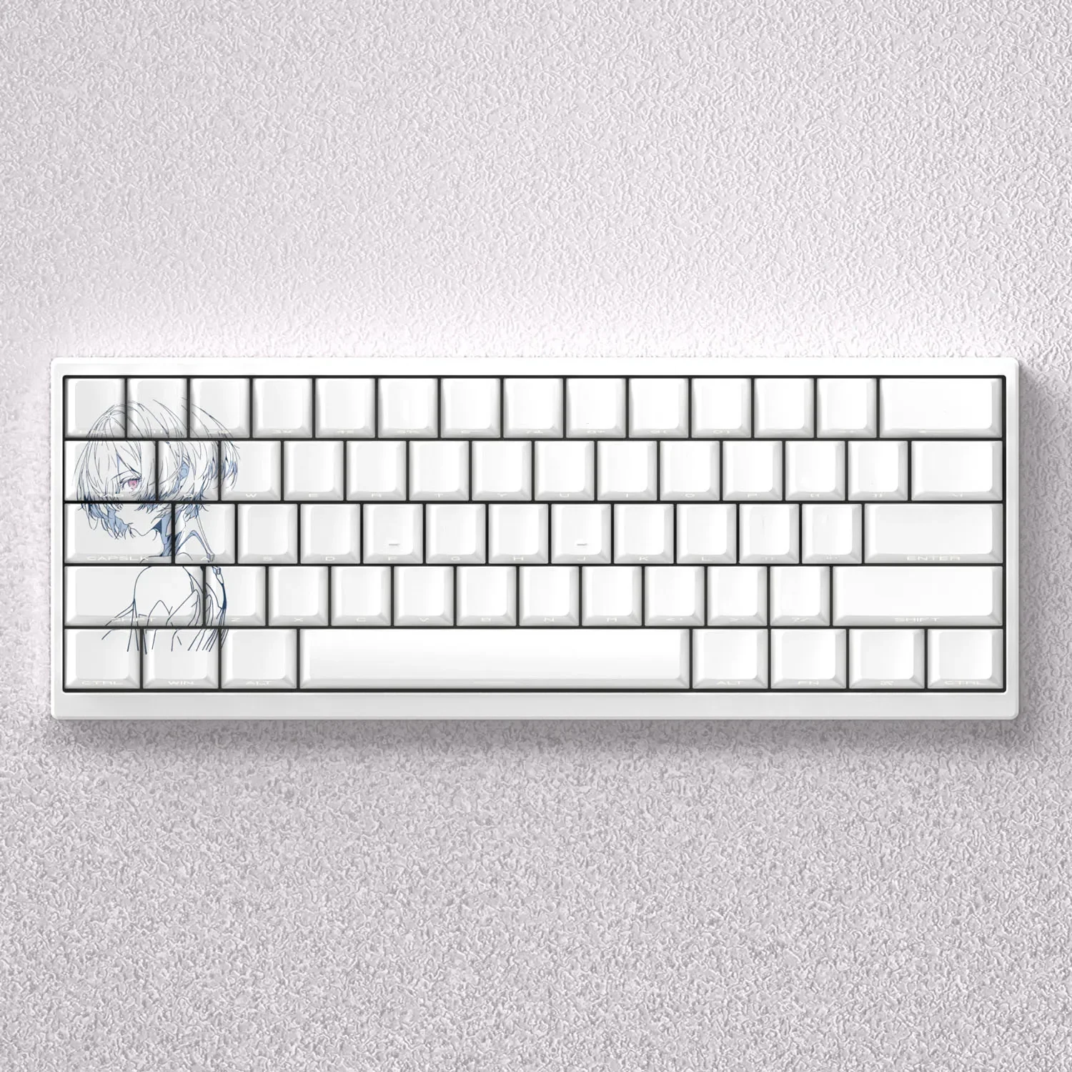 Showcase of the exclusive Ayanami Rei Side-Engraved Backlit PBT Keycaps Set, highlighting iconic Evangelion aesthetics and vibrant legend.