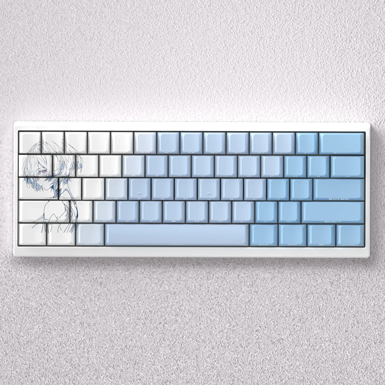 Showcase of the exclusive Ayanami Rei side-engraved backlit PBT keycaps set, featuring nostalgic Evangelion designs and sleek legends.