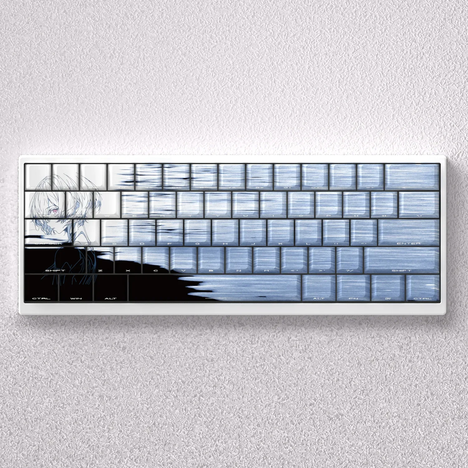 Ayanami Rei Side-Engraved Backlit PBT Keycaps set displayed from various angles, revealing the exclusive Evangelion tribute design and premium design.