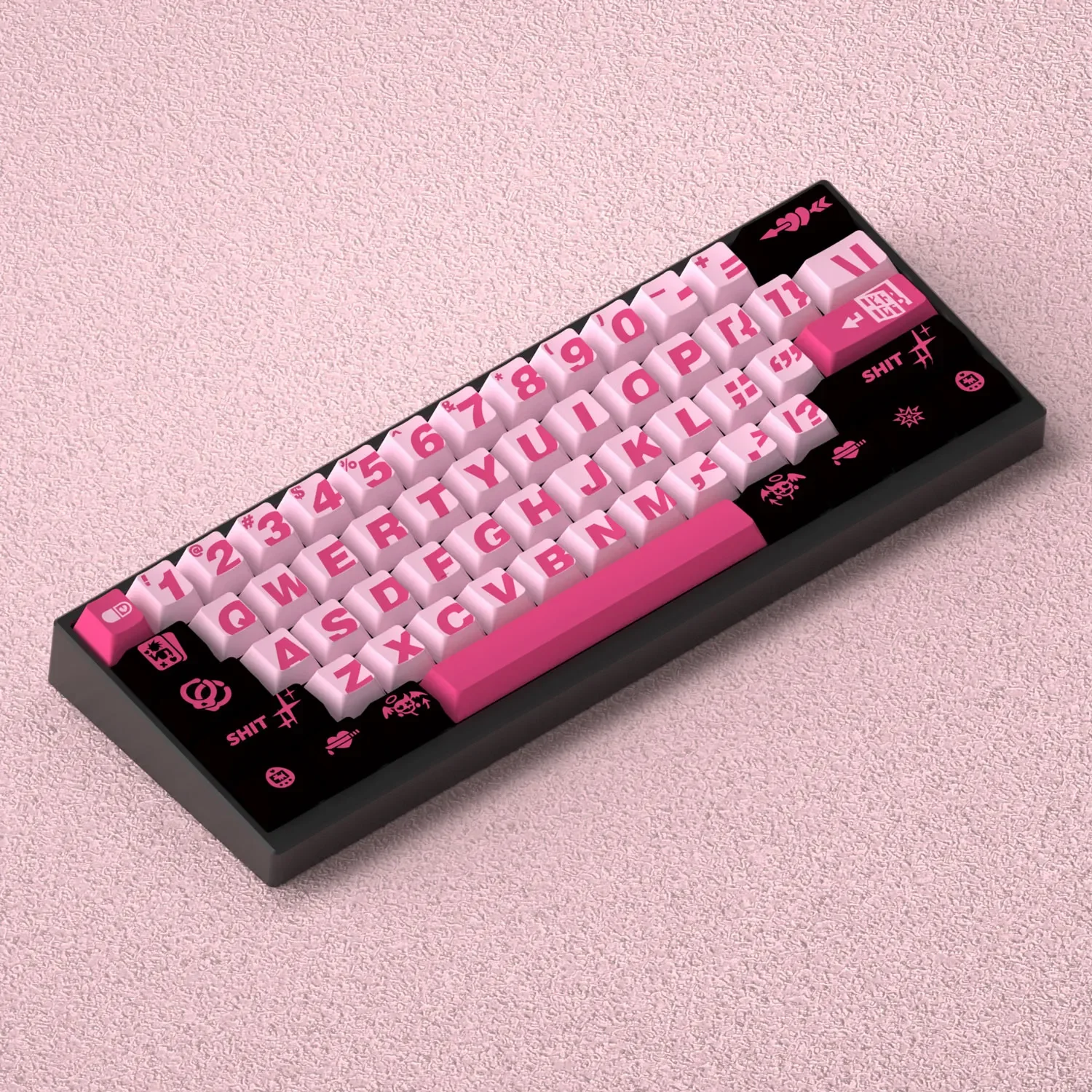 Bad Sweetheart translucent PBT keycaps set gallery, featuring frosted Cherry profile from various angles. Showcases unique cute-edgy design and playful design.