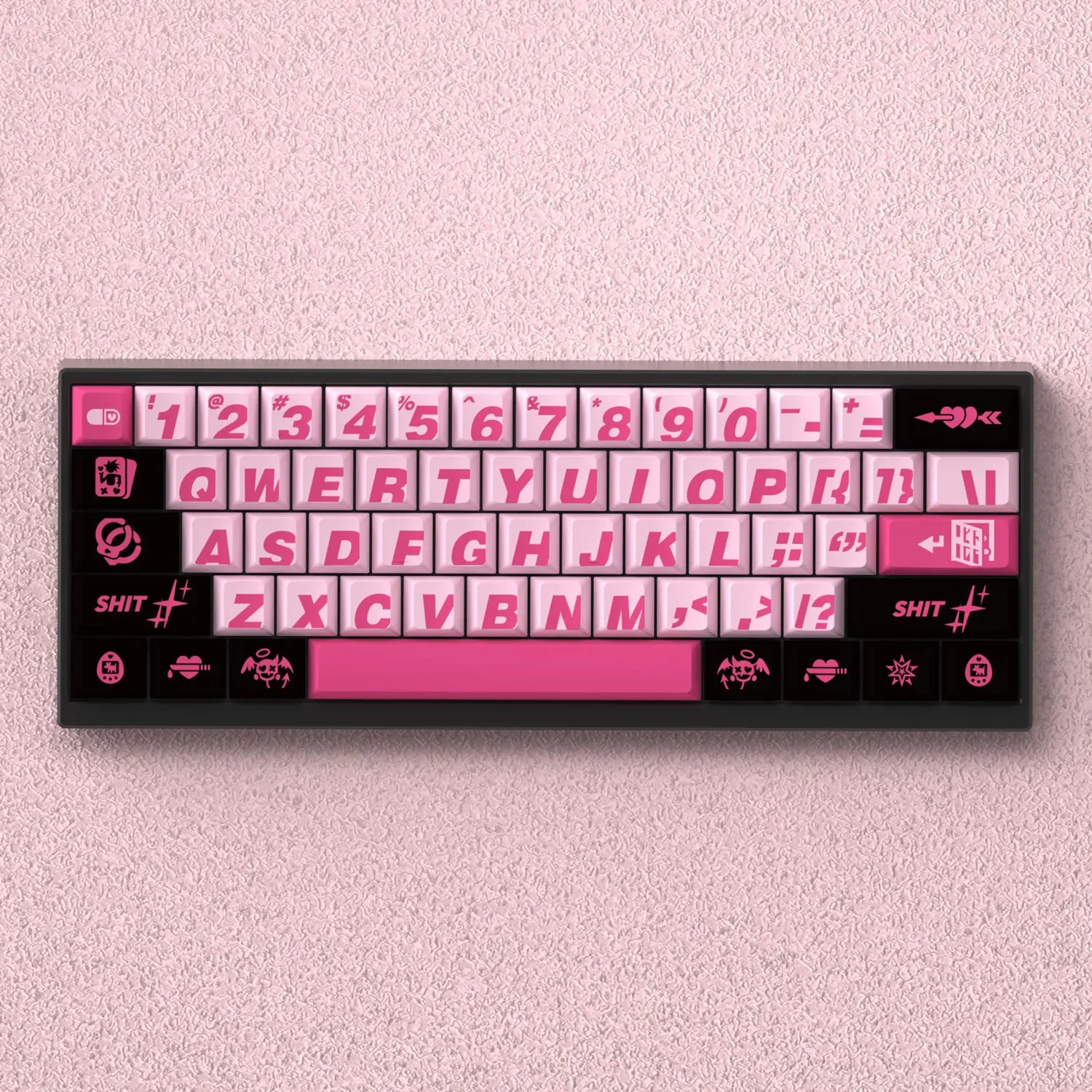Bad Sweetheart Translucent PBT Keycaps Set flaunt their unique frosted Cherry profile, blending cute and edgy aesthetics for a playfully rebellious keyboard.