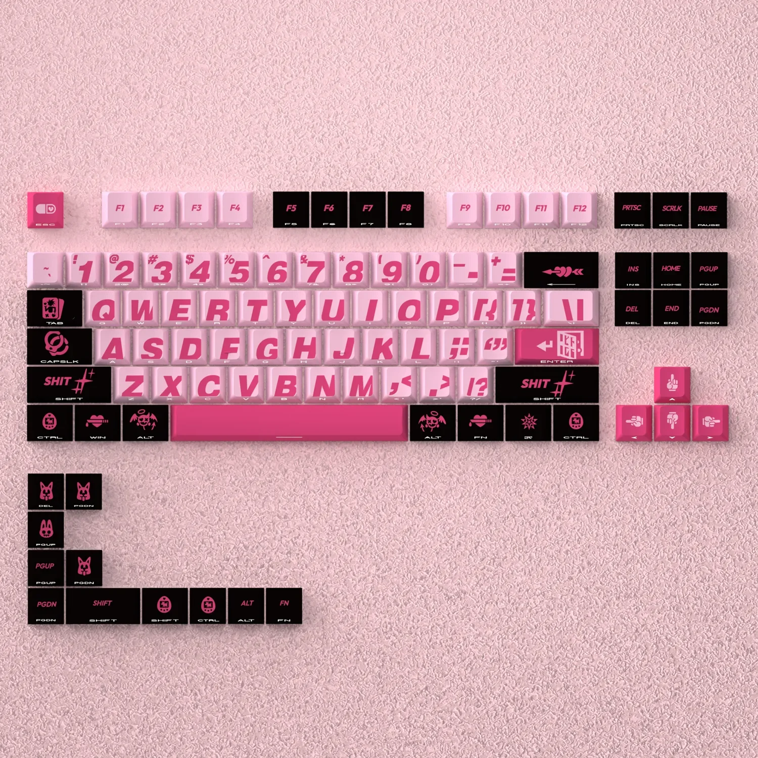 Playful Bad Sweetheart PBT keycaps set for mechanical keyboards, featuring vibrant side-lit legends and charming rebellious characters.