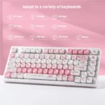 Adorable Bear Circus MOA PBT Dye-Sub keycap set displayed on a mechanical keyboard, featuring whimsical cartoon bears in a vibrant circus theme.