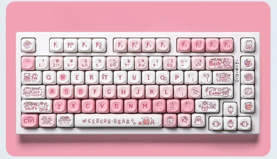 Adorable Bear Circus MOA PBT Dye-Sub keycaps set for mechanical keyboards, featuring charming cartoon bears in a vibrant, whimsical circus theme.
