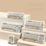 Nostalgic PBT five-sided dye-sub MOA coffee bear keycap set. Earthy tones, planetary motifs. Set views show quality.