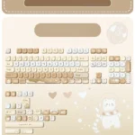 Premium PBT MOA bear keycap set five-sided dye-sublimated with whimsical coffee-toned cartoon bears and subtle planet accents, perfect for nostalgic deisgn.