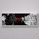 Premium Berserk keycaps set showcasing iconic dark fantasy characters with dramatic side-engraved shine-through legends on a high-contrast black design.