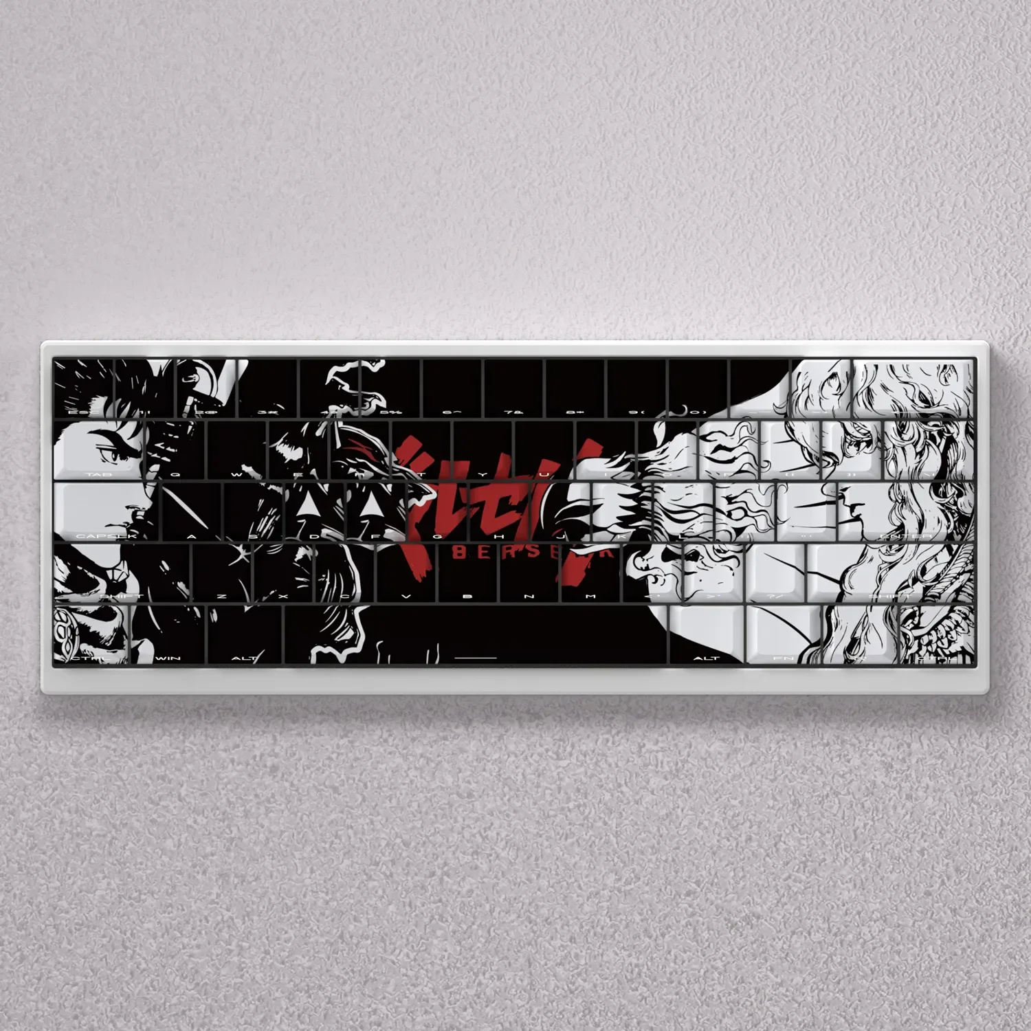 Premium Berserk keycaps set showcasing iconic dark fantasy characters with dramatic side-engraved shine-through legends on a high-contrast black design.