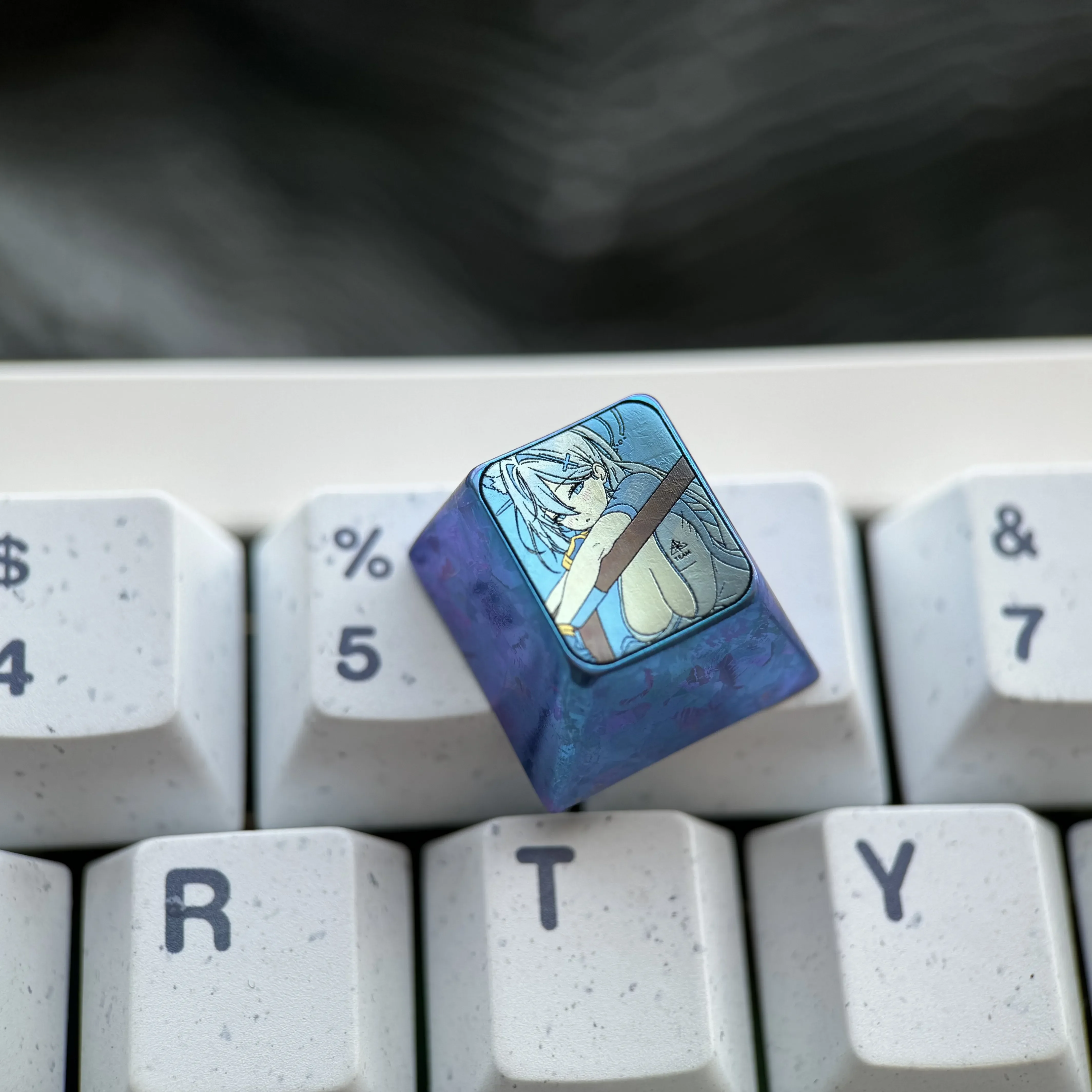 Vibrant Blue Archive Shiroko premium titanium artisan ESC keycap shown from multiple angles, highlighting collector-grade design and craftsmanship.