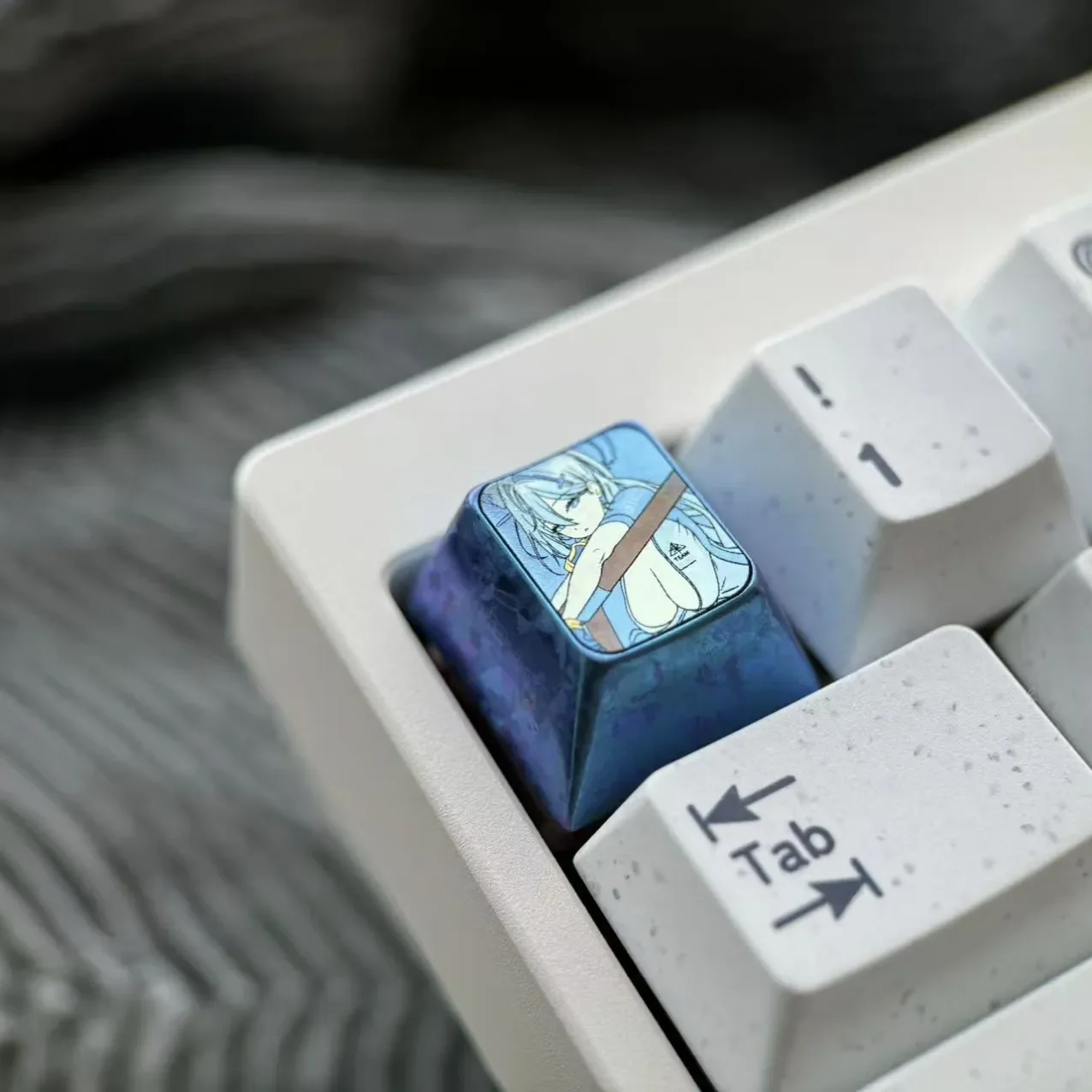 Multiple views of the premium titanium Blue Archive Shiroko artisan ESC keycap, highlighting its vibrant design and exquisite craftsmanship for your setup.