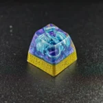 Angled views of the iconic Blue-Eyes White Dragon translucent resin keycap, showcasing intricate mythical details and vibrant glow for artistic feel.