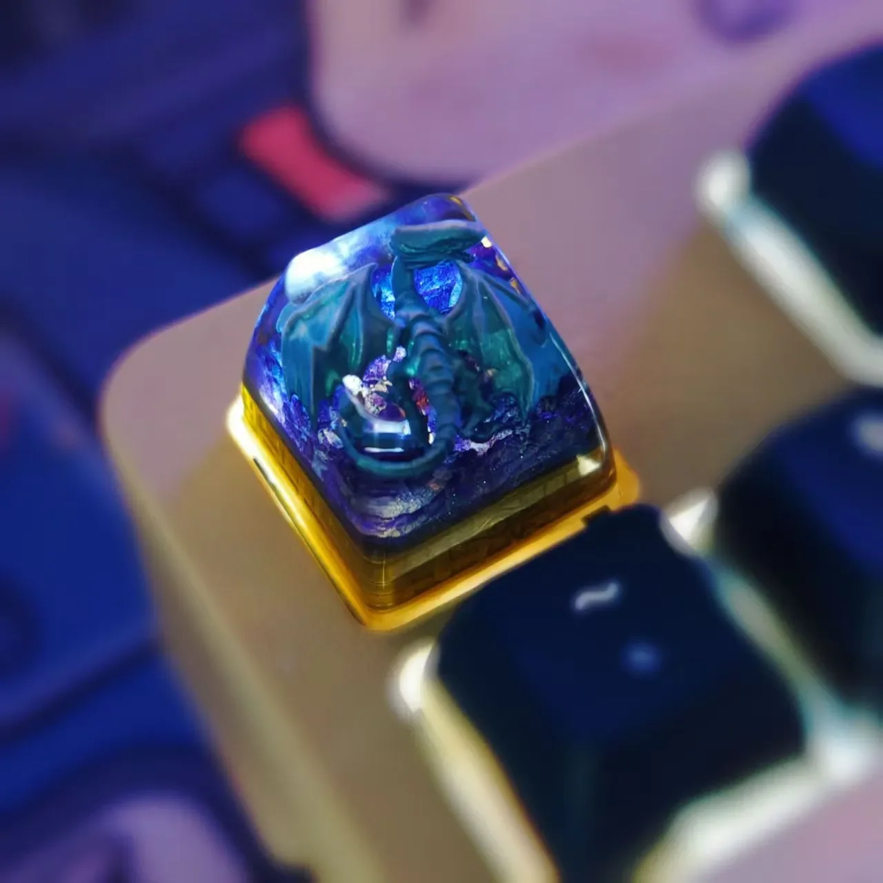 Iconic Blue-Eyes White Dragon translucent resin keycap. Artistic views show intricate mythical details, vibrant glow. Perfect Blue-Eyes keycap for your setup.