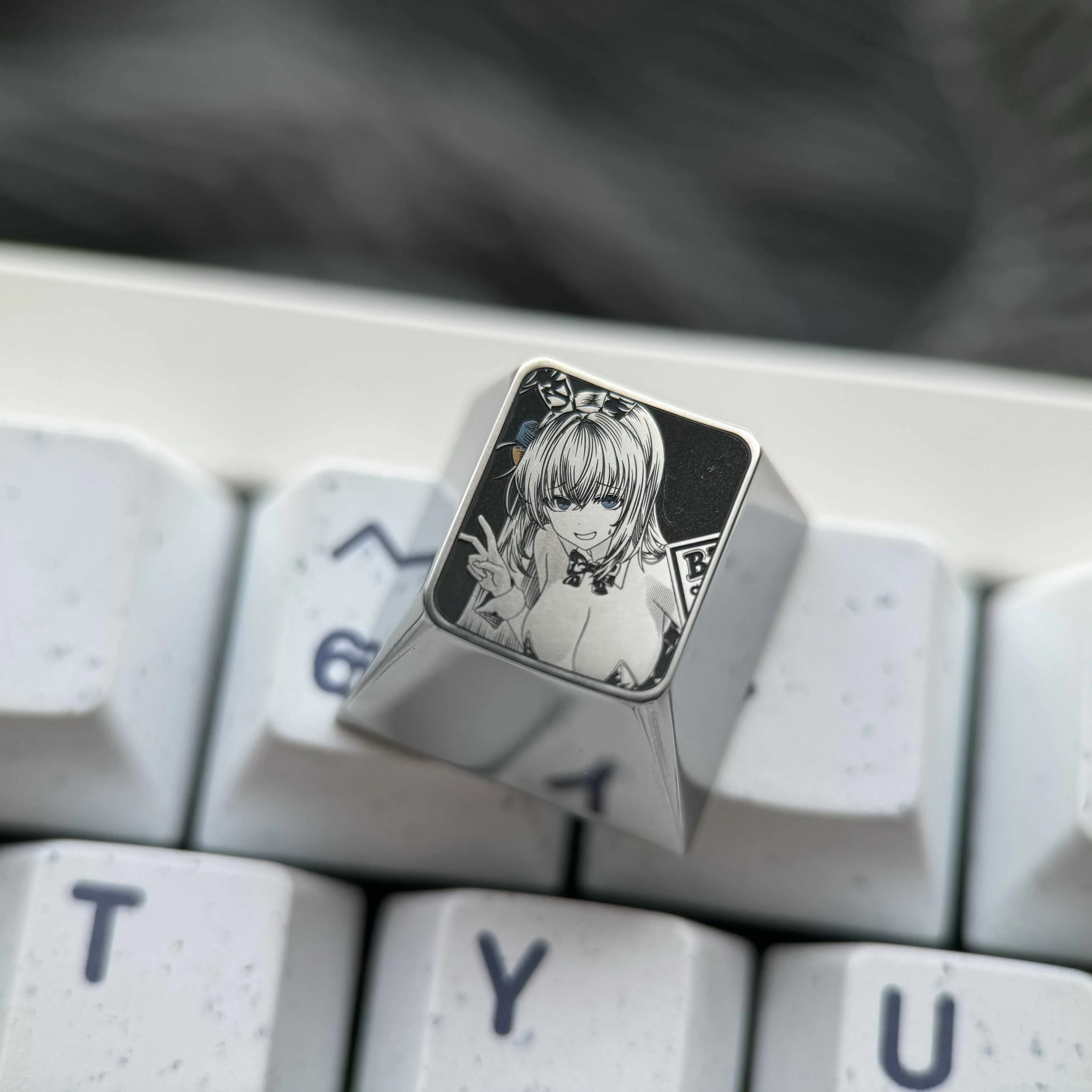 Bocchi the Rock!: Hitori Gotoh Titanium Keycap, featuring intricate pointillism character art on polished silver from multiple angles.
