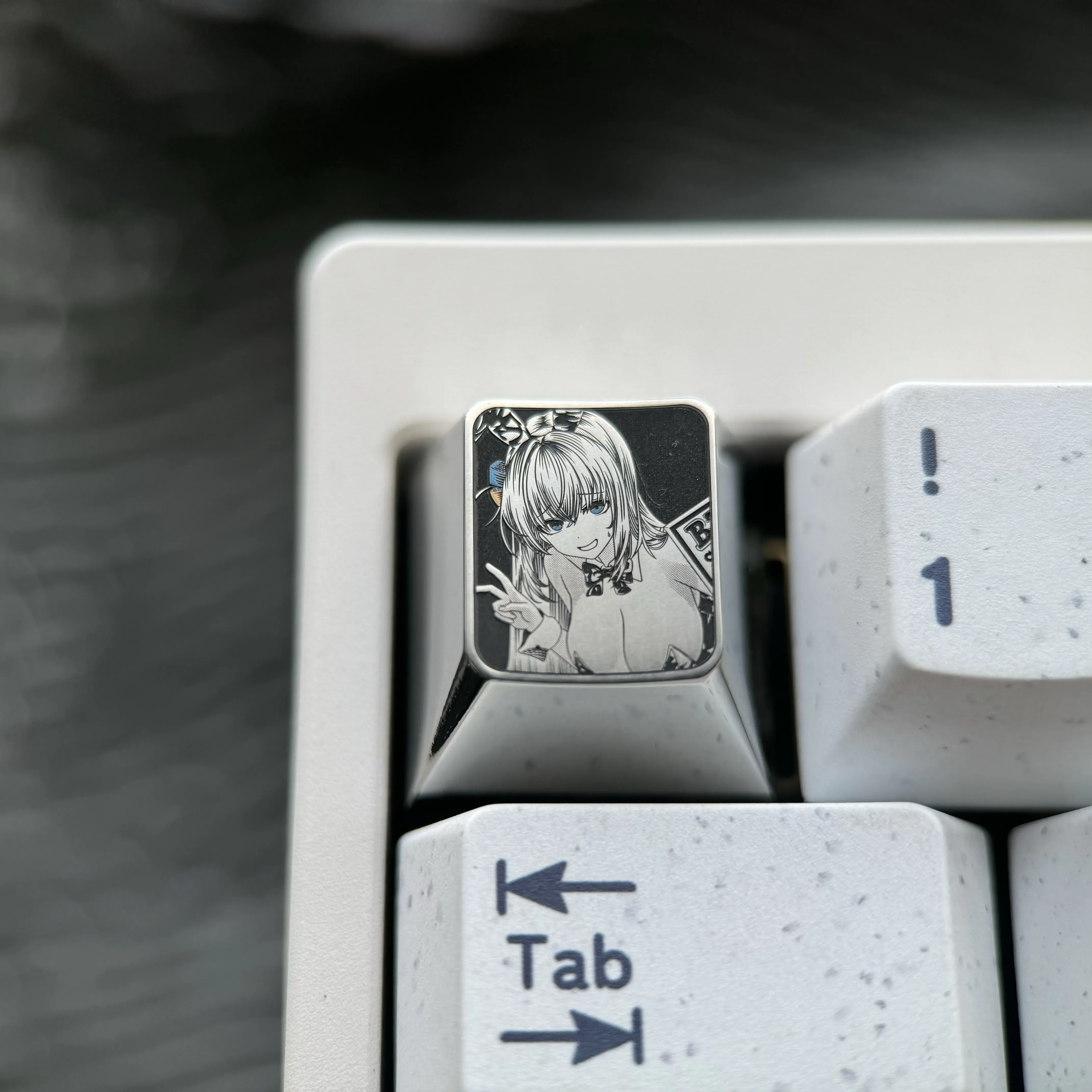 Premium Bocchi the Rock!: Hitori Gotoh Titanium Keycap pointillism character art on polished silver titanium ESC keycap.