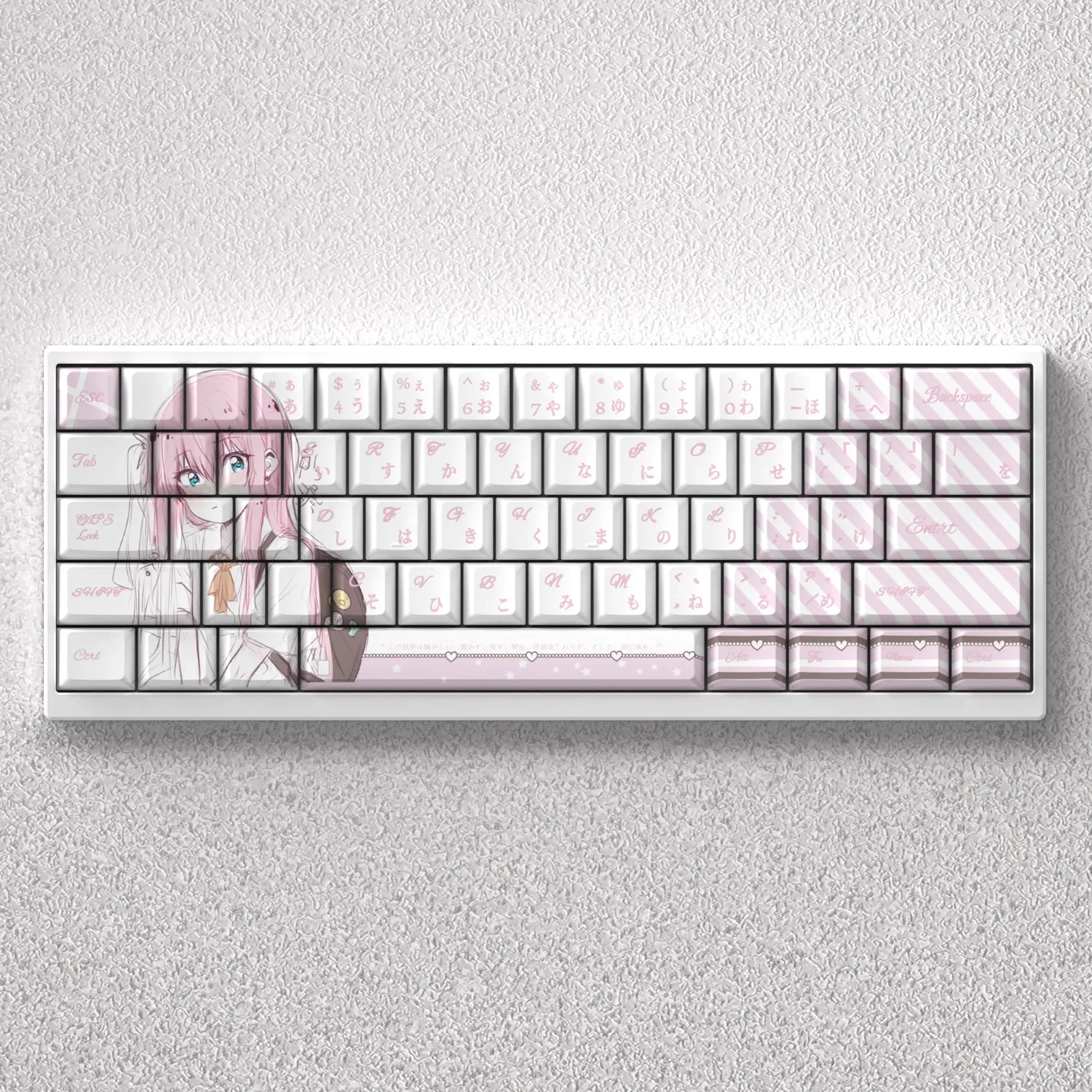 Vibrant Bocchi the Rock! PBT dye-sub keycaps set showcased, featuring exclusive anime character art and signature colors for a playful keyboard.