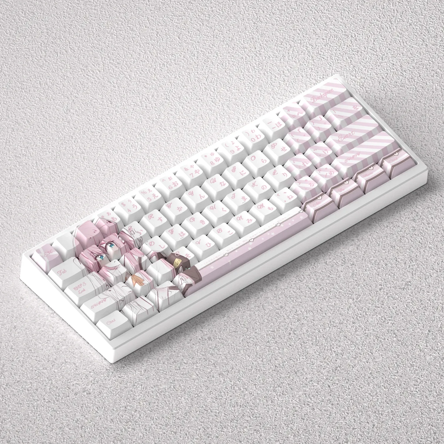 Vibrant Bocchi keycaps set gallery showcasing exclusive Bocchi the Rock! PBT dye-sub anime art on a keyboard from various angles.