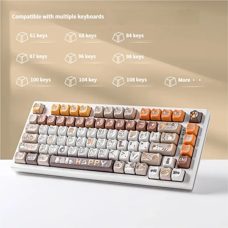 Displaying the adorable Calico Cat Keycaps Set, showcasing vibrant, detailed PBT dye-sublimated graphics for custom mechanical keyboards.