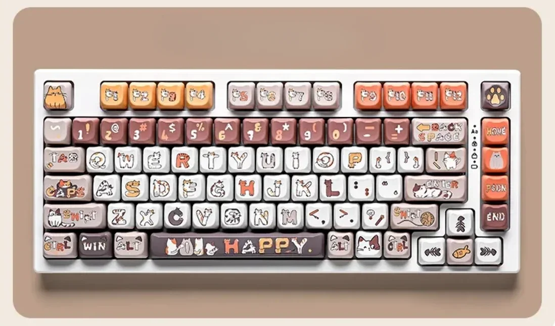 Adorable Calico Cat PBT dye-sub keycaps set, showcasing the full vibrant collection of playful feline illustrations for custom mechanical keyboards.