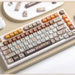 A gallery of vibrant PBT dye-sub calico cat keycaps set, highlighting adorable designs and durable quality from multiple angles for custom mechanical.