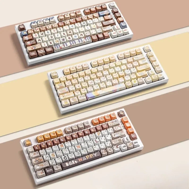 A playful gallery view of the adorable Calico Cat Keycaps Set, showing vibrant, detailed PBT dye-sub designs from multiple angles for custom mechanical keyboard.