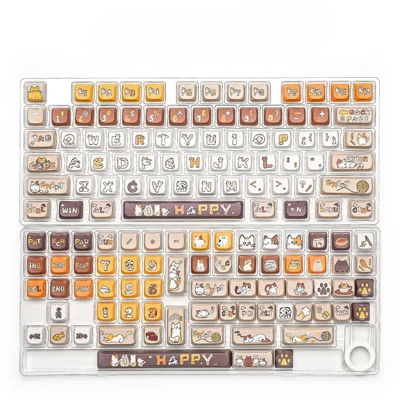 Adorable Calico Cat Keycaps PBT dye-sub set showcasing vibrant, detailed illustrations, bringing playful charm to any custom mechanical keyboard.