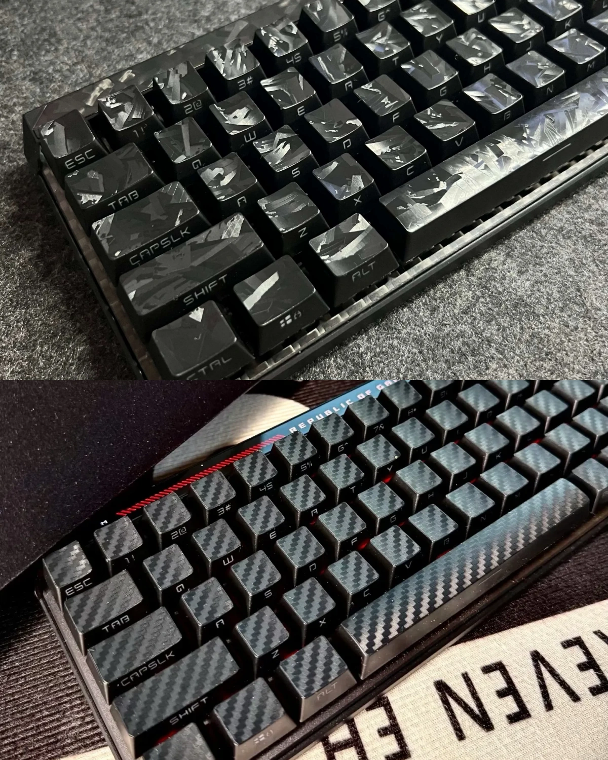 Premium Forged Black Carbon Fiber Side-Print Keycap Set showcased with a sleek matte finish, ideal for a sophisticated mechanical keyboard upgrade.