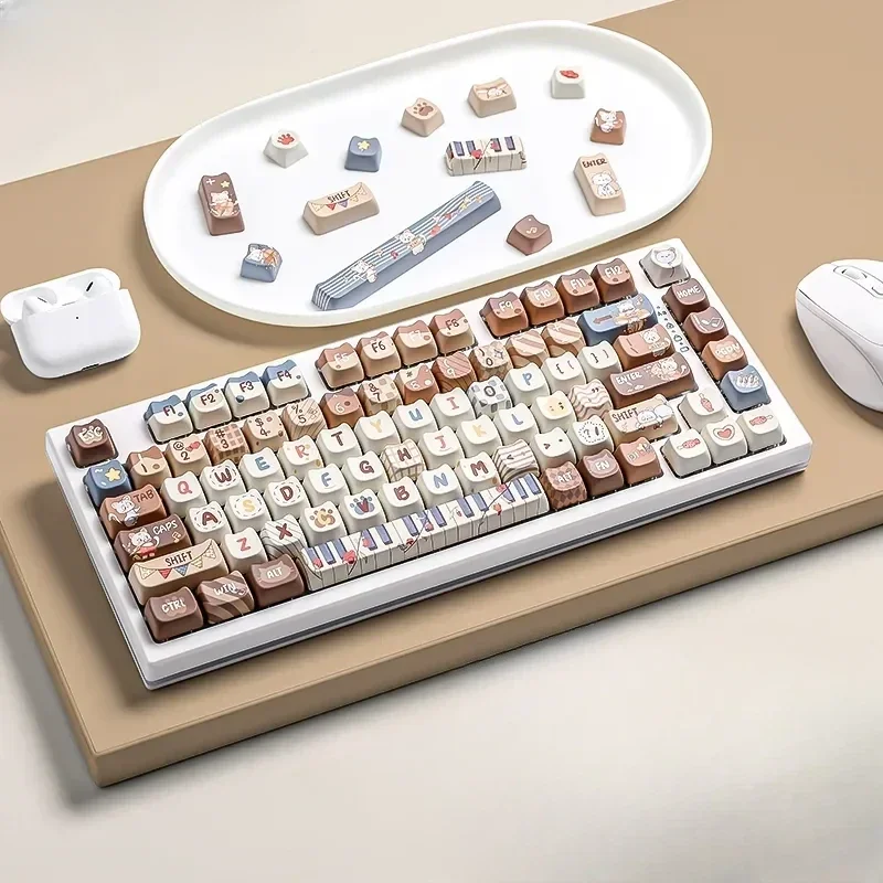 Whimsical cat keycap set: durable PBT dye-sublimated set showcasing charming feline musicians performing a vibrant, harmonious desktop concert.