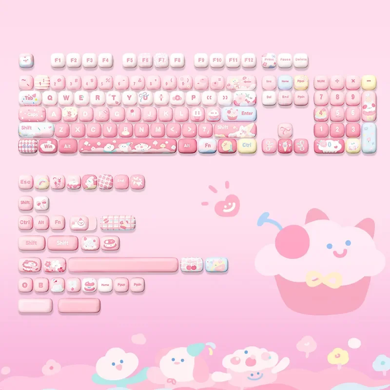 Adorable cat themed keycaps set in soft pastel hues, featuring whimsical paw prints. Durable PBT and vibrant dye-sub legends beautifully capture.