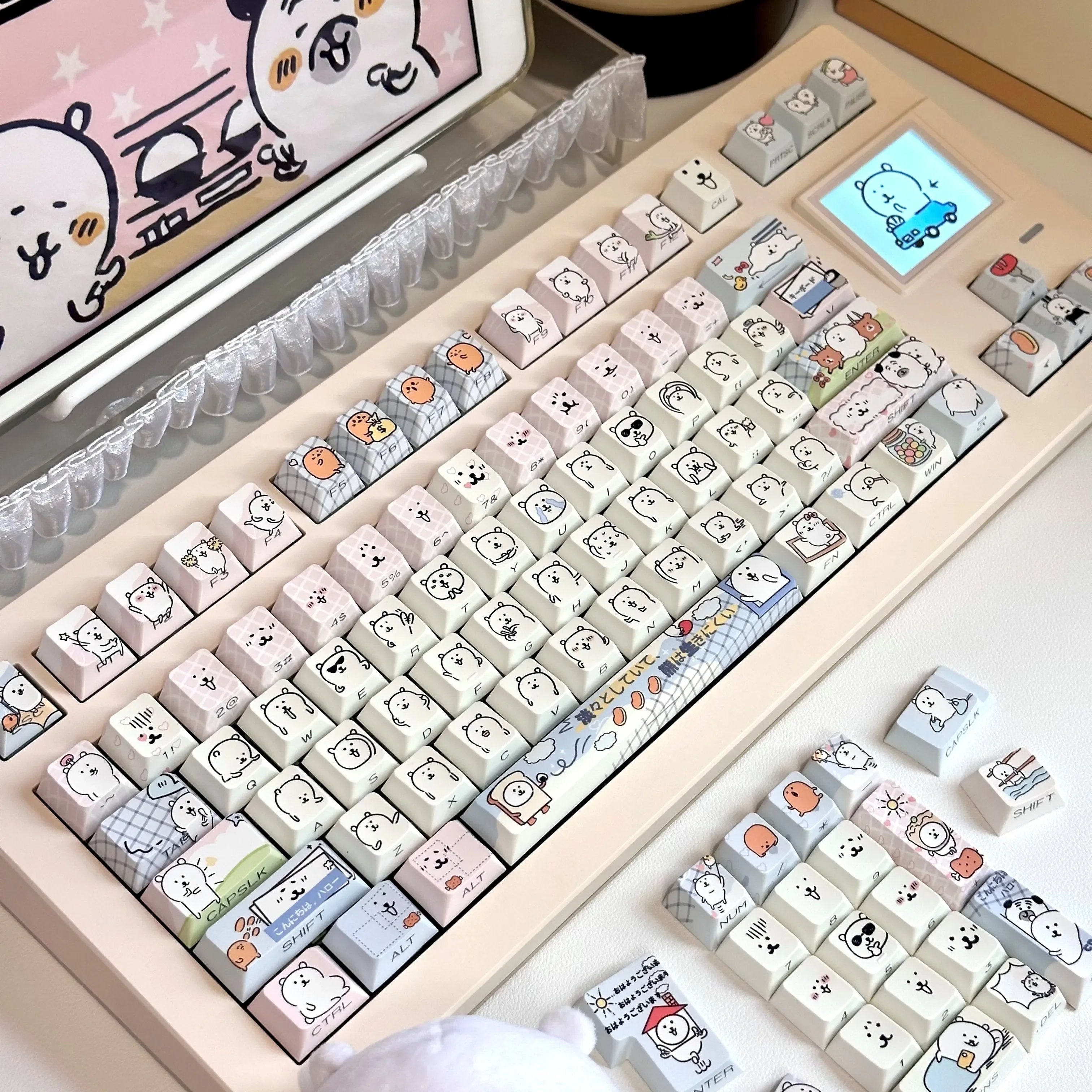 Distinctive translucent Joke Bear Keycap Set for mechanical keyboards, featuring whimsical side-engraved characters glowing subtly.