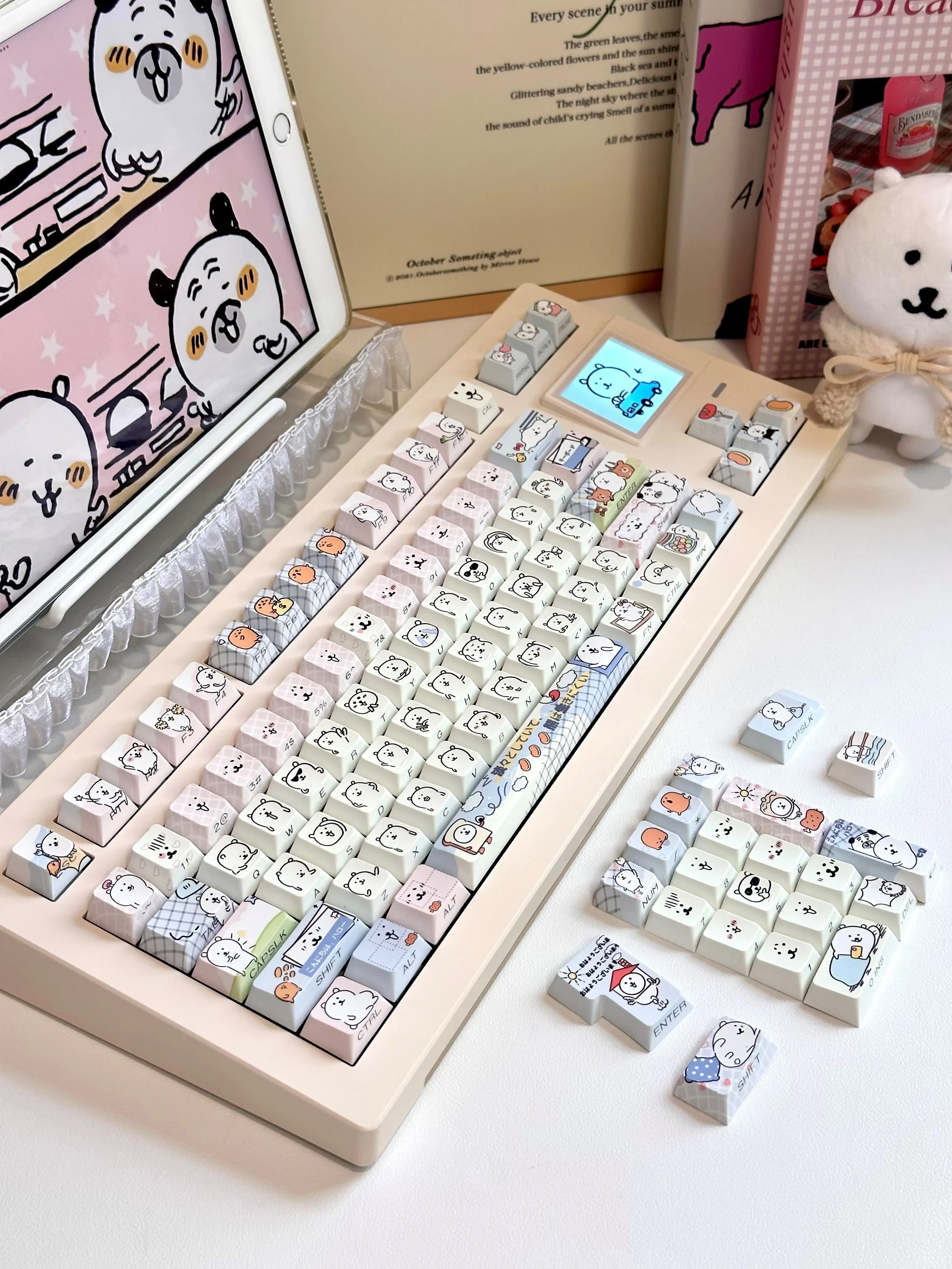 Whimsical Joke Bear Keycaps set, featuring distinctive translucent side-engraved designs that light up mechanical keyboards.