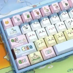 Full gallery of adorable Chiikawa side-printed PBT backlit keycaps set, displaying whimsical characters, pastel hues, and luminous legends on mechanical keyboard.
