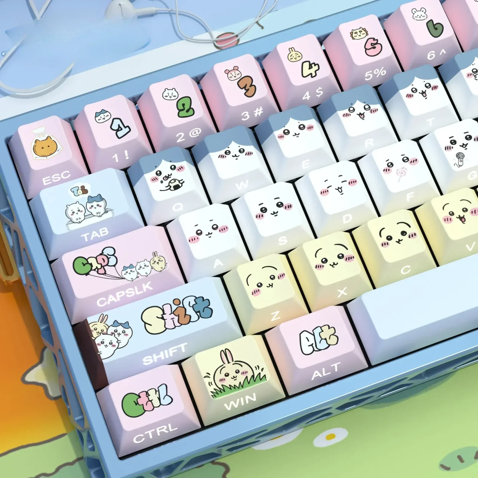 Full gallery of adorable Chiikawa side-printed PBT backlit keycaps set, displaying whimsical characters, pastel hues, and luminous legends on mechanical keyboard.
