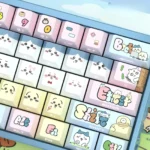 Explore adorable Chiikawa side-printed PBT backlit keycaps set from various angles, revealing charming pastel characters and luminous legends.